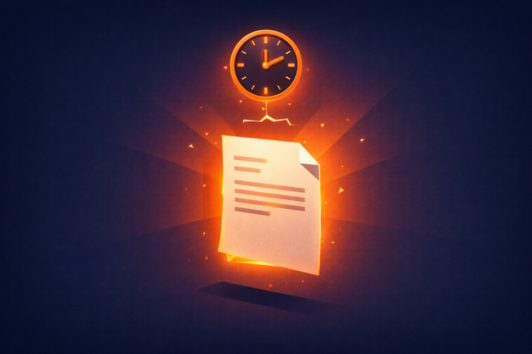 Illustration of a glowing document with a broken connection to an orange clock above it, representing a gap between when content is updated and when schema markup reflects that freshness.