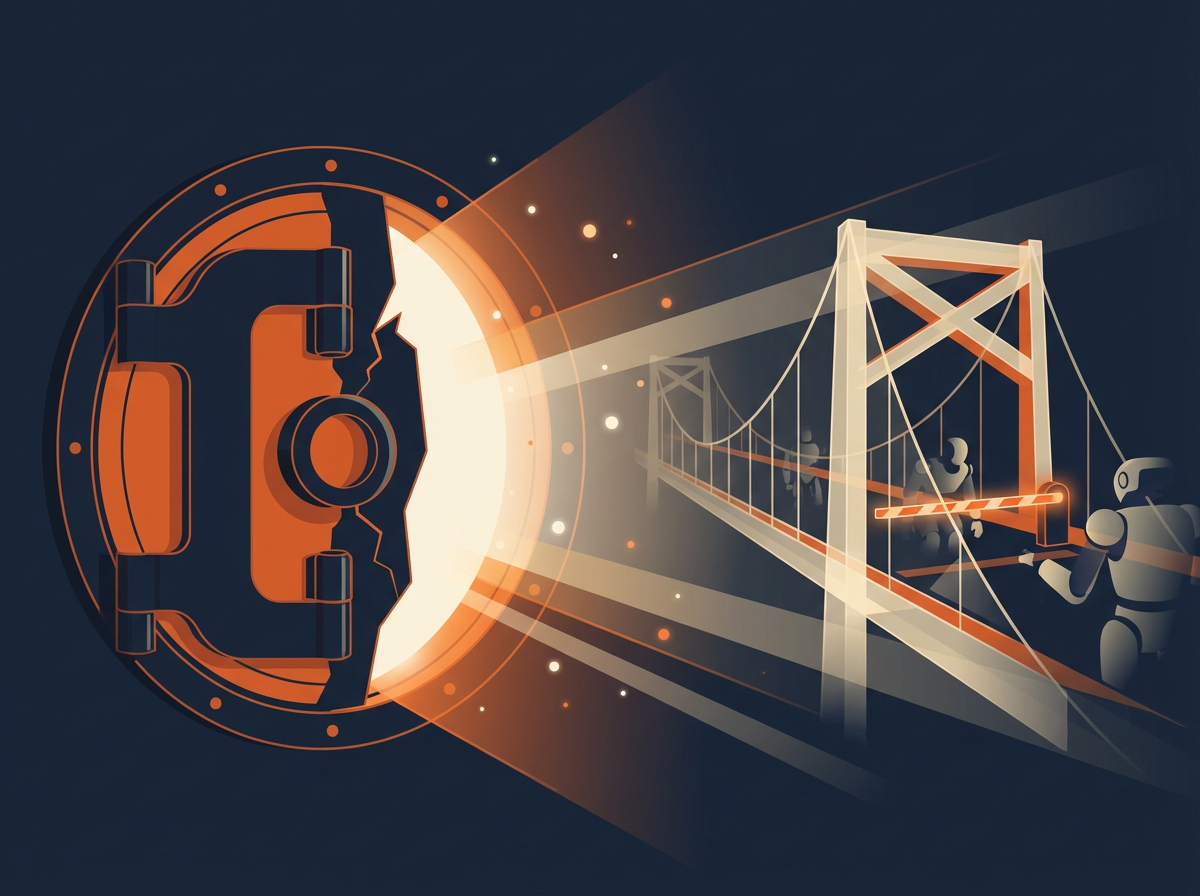 Image of energy exploding out of a vault door beaming a bridge with guardrails holding back robots.