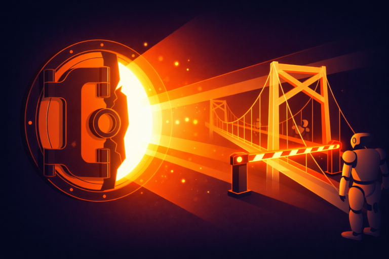 Illustration of a glowing vault door flooding light through a bridge toward a robot figure stopped by a barrier gate, representing AI crawlers being blocked from accessing website content by default Cloudflare settings.