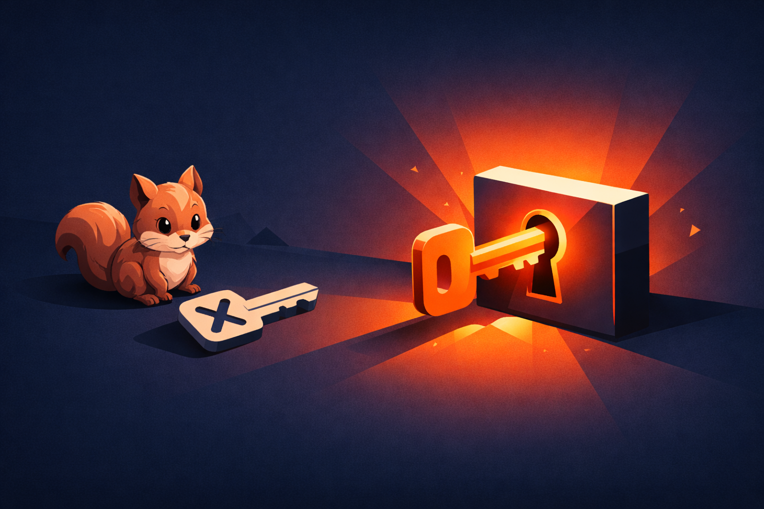 Illustration of two keys: a rejected key on the ground with a dejected squirrel beside it, and a second key glowing orange as it slides into an open lock, representing switching from the broken Squirrel-based installer to the correct MSIX package.