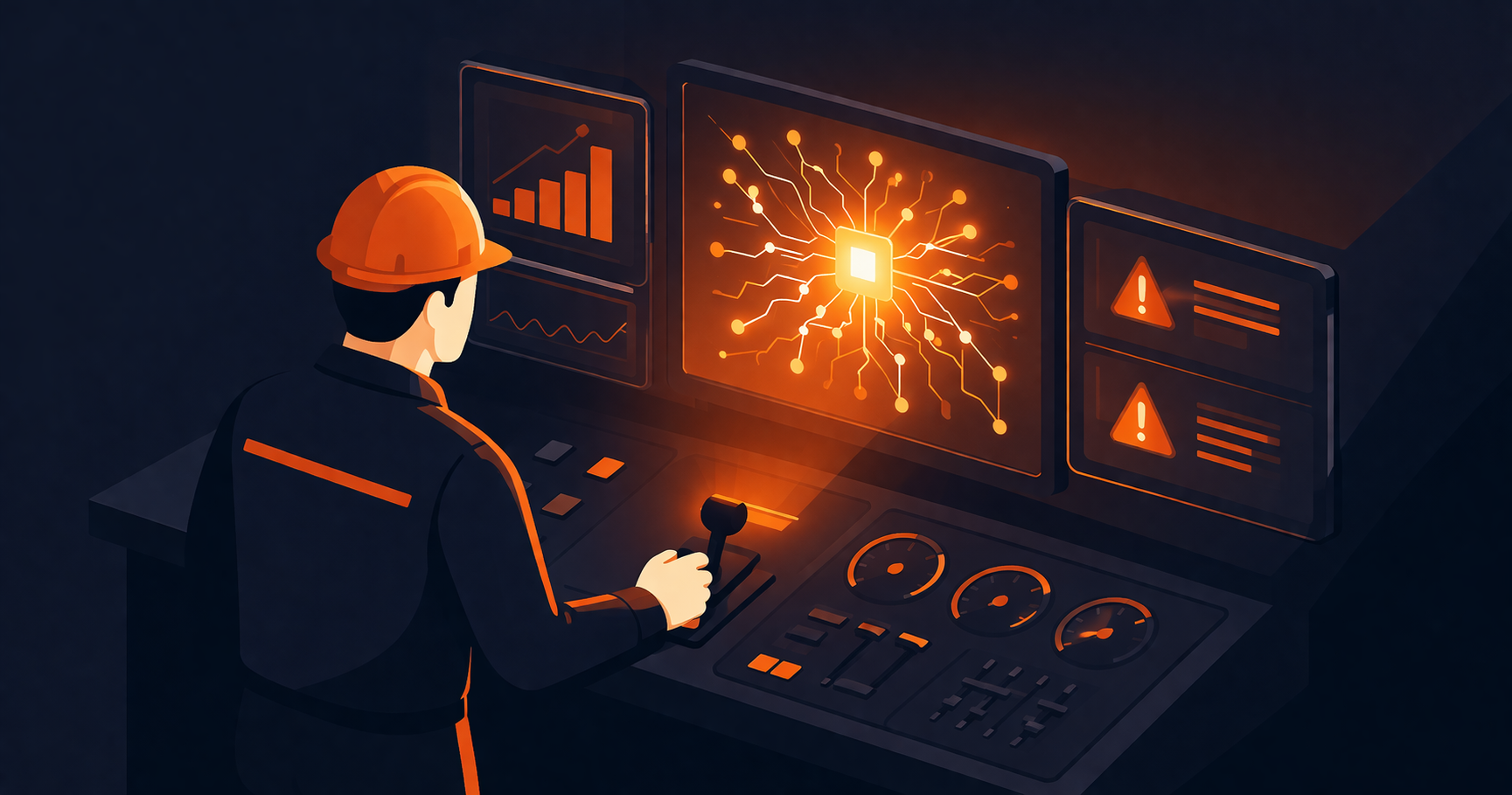 Illustration of a worker in a hard hat monitoring multiple glowing screens at a control panel, with AI circuitry on the central display and warning indicators on side monitors.