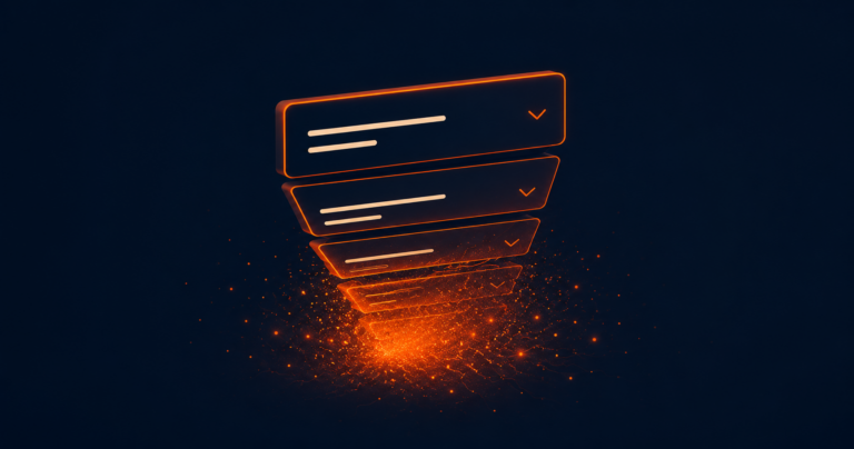 A stack of FAQ-style dropdown bars dissolving from the bottom up into orange particles and light, illustrating the deprecation of FAQ rich results in Google search.