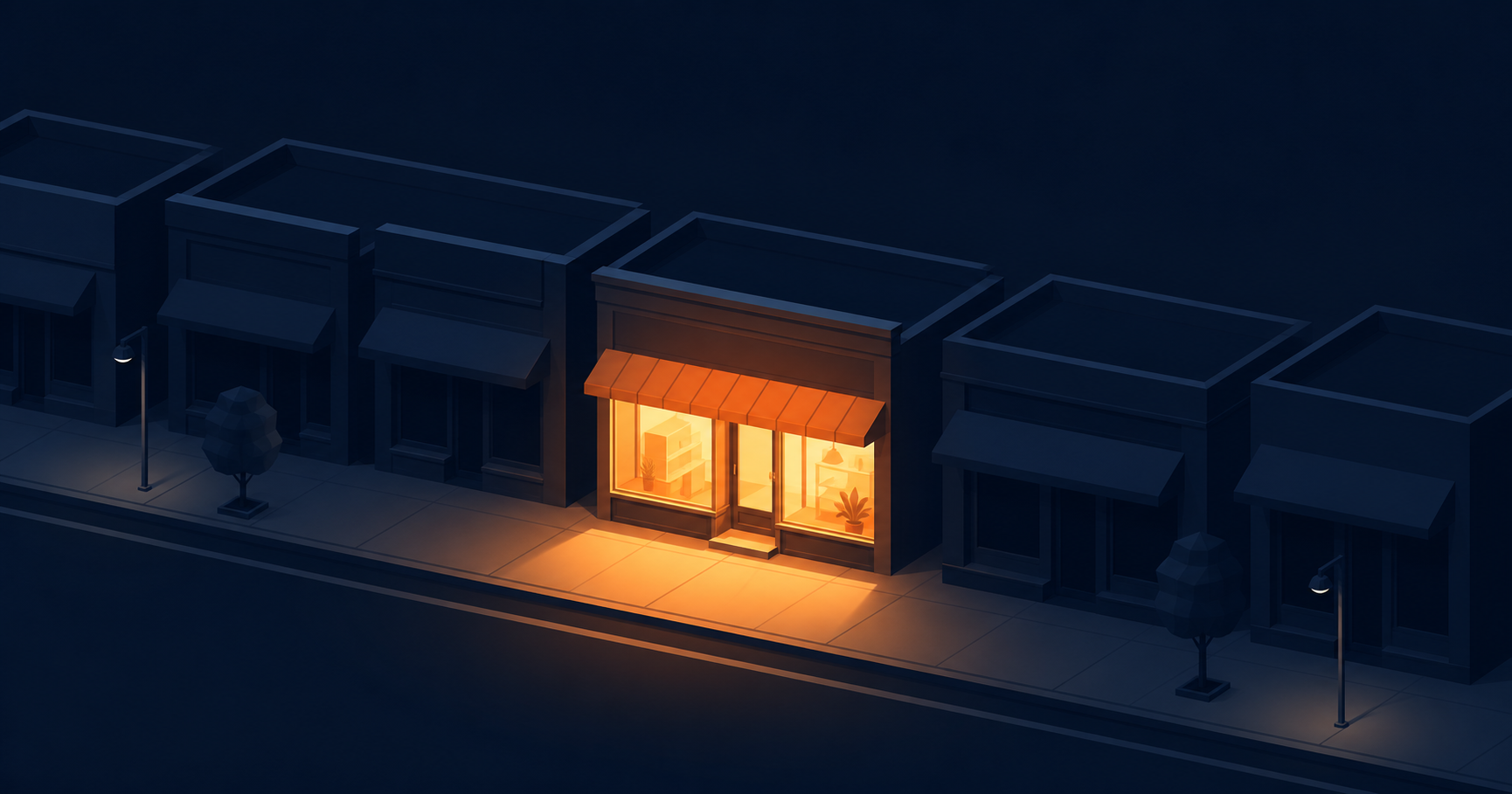 A row of small business storefronts at night, most of them dark and closed, with one storefront in the center glowing brightly from within with warm orange light spilling onto the sidewalk, illustrating that early adopters of AI stand out from competitors who have not yet started.